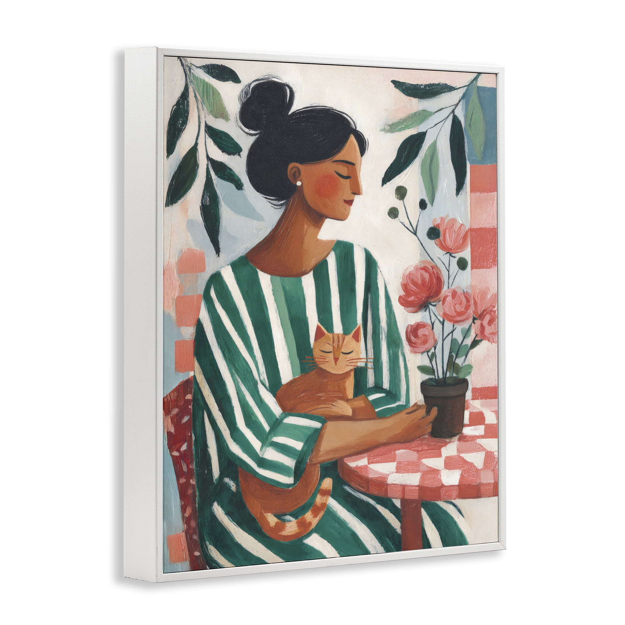 Stupell Industries Cat Lady in Striped Dress White Framed Giclee Art, design by Sisi and Seb