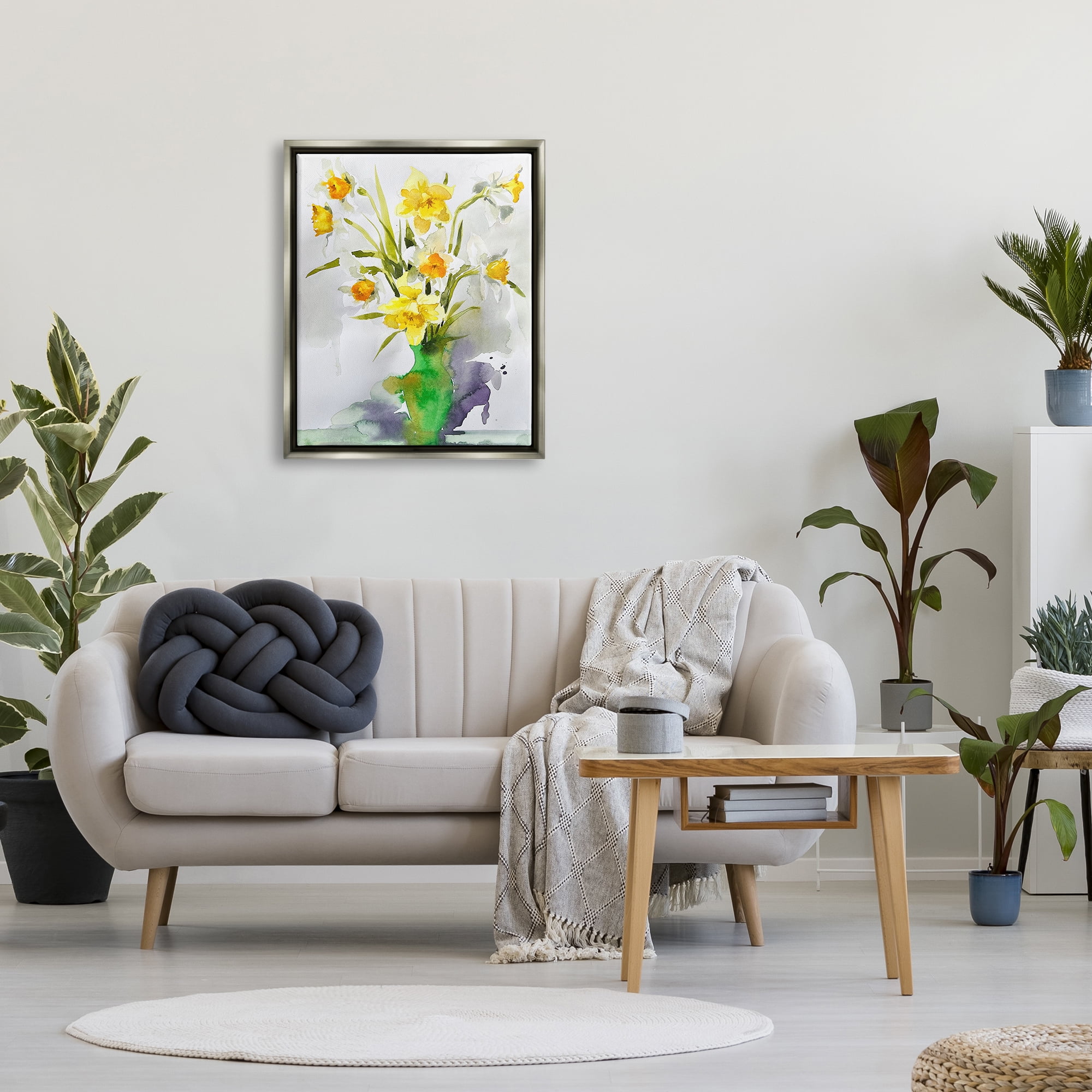 Stupell Industries Modern Daffodils Vase Botanical & Floral Painting Gray Floater Framed Art Print Wall Art, 25 x 31