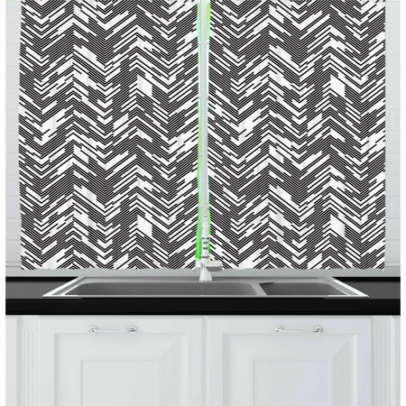 Black And White Curtains 2 Panels Set Artistic Chaotic Chevron