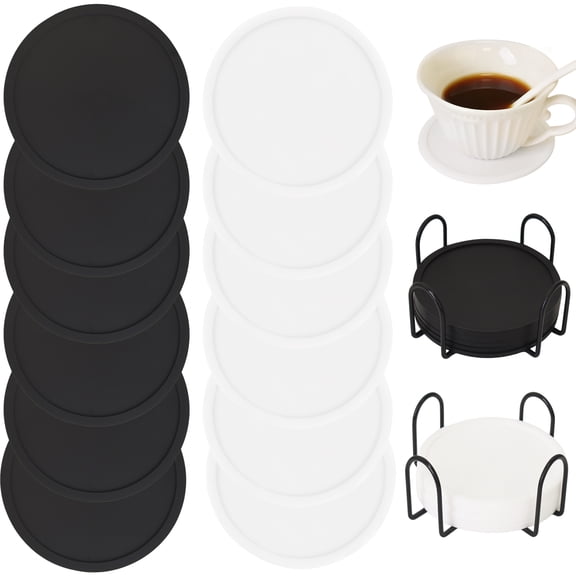 12 Pcs Silicone Cup Coasters Set, Heat Resistant Non-Slip Drink Mats with 2 Holders, 6 Black 6 White, 4 Inch