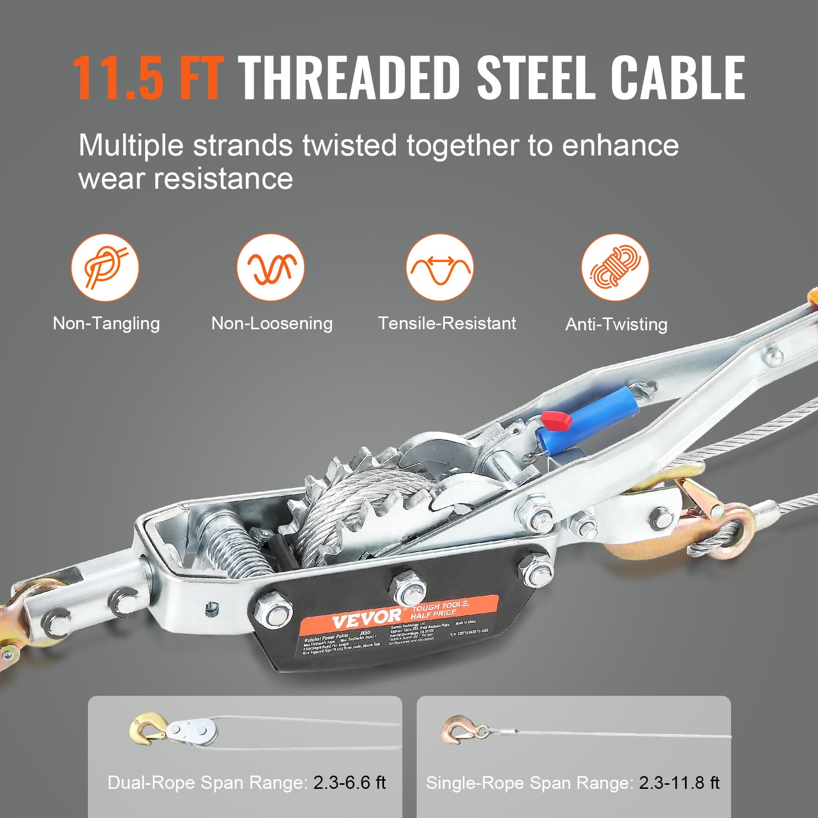 VEVOR Come Along Winch, 5 Ton (11,023 lbs) Pulling Capacity, 11.5 ft Steel Cable, 3 Hooks, Heavy Duty Ratchet Power Puller Tool with Dual Gears, Automotive Hoist Cable Puller Ideal for Vehicle Rescue