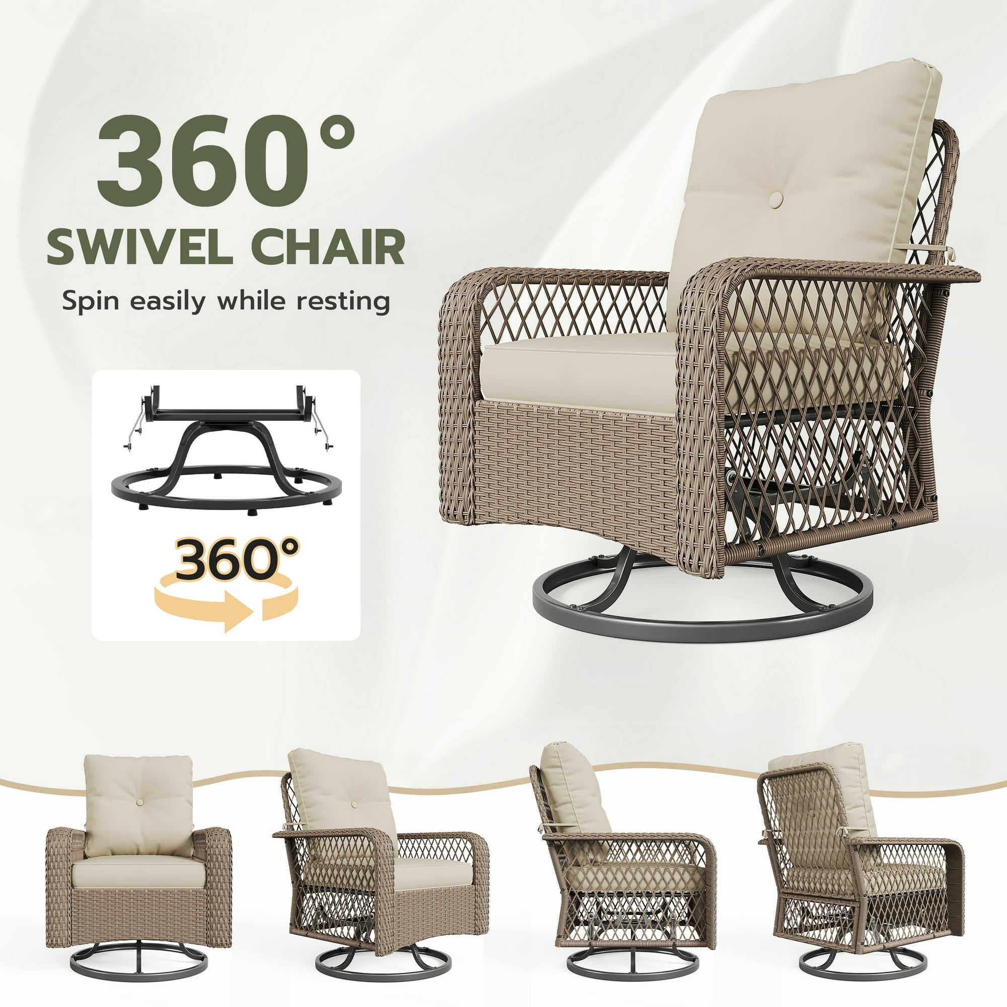 POTEBAN 3 Pieces Patio Furniture Set, Outdoor Swivel Gliders Rocker, Glass Top Side Table (Khaki)