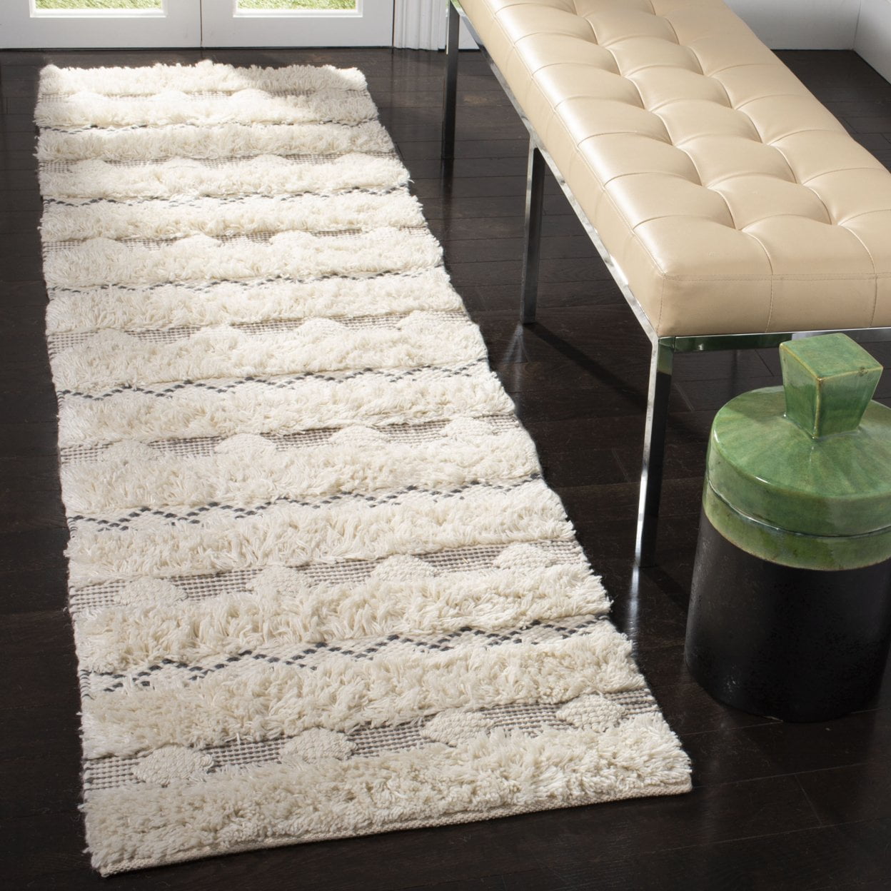 SAFAVIEH Natura Jazmyn Geometric Striped Braided Wool Runner Rug, Ivory/Grey, 2'3" x 8'