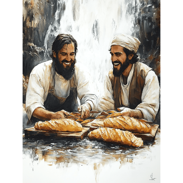 Qisvanset 12x16 Inch 2D Flat Framed Canvas Art, Bread and Fish Watercolor Jesus Feeds Minimalist Religious Home Wall Art
