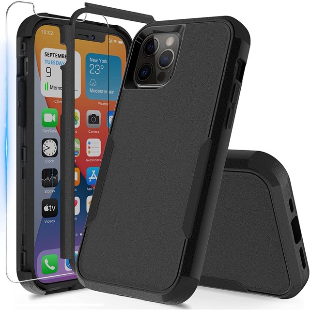 IBAOLE Case for iPhone 12 Pro Case & iPhone 12 Case + Tempered IBAOLE Screen Protector Heavy Duty Protection Shockproof Drop Proof 3 in 1 Commuter Case - Black Black iPhone 12 / iPhone 12 Pro