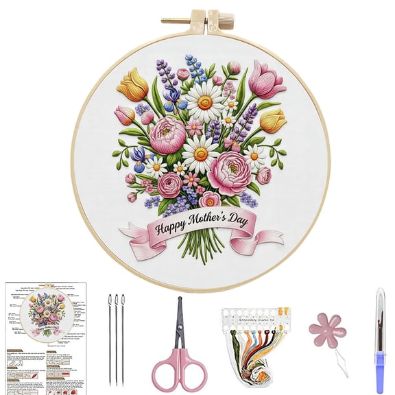 FLOPESN DIY Mother's Day Hand Embroidery Kit, 7.87*7.87inch, Floral Cross Stitch Set with Hoop, Threads & Tools, Beginner Friendly Handmade Gift for Mom