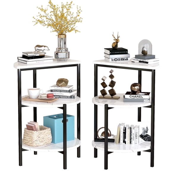 Baxluxe Marble Side Table Set with Storage Shelves, Set of 2 Round Faux Marble End Table, Metal Frame Small Accent Coffee Table Nightstand, 3 Legged Living Room Table for Small Space, White+Black