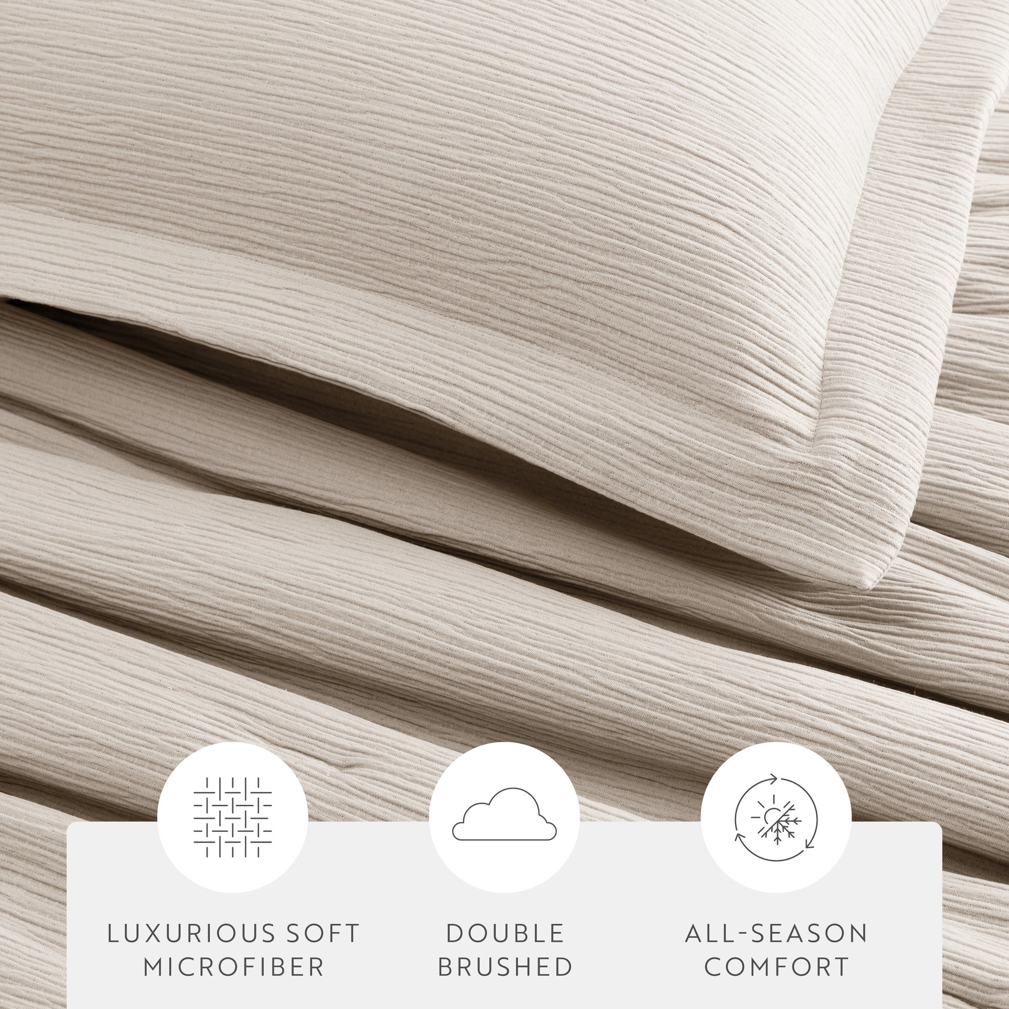 Noble Linens 3 Piece Cloud Gauze Textured All Season Down-Alternative Comforter Set, Tan, King/Cal-King