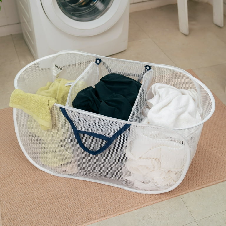 Mainstays White Polyester Mesh Pop-Up Triple Sorter Laundry Basket