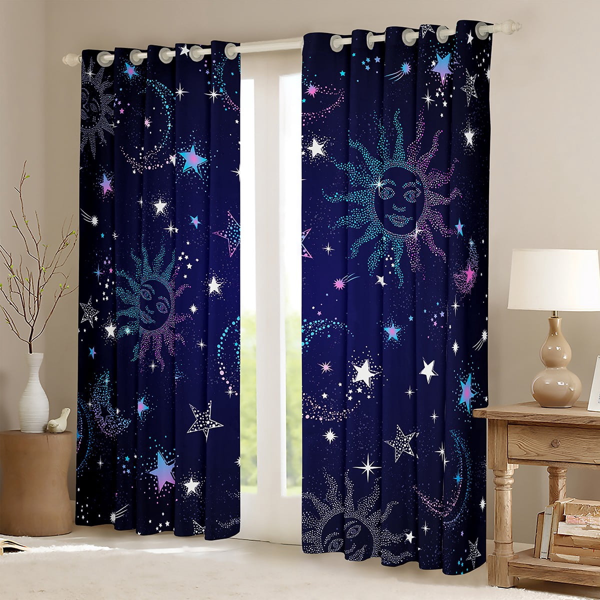Manfei Glitter Boho Sun Curtains Pack of 2 (42x63), Bling Stars Print Black Out Curtains, Mystic Starry Sky Blackout Curtains for Bedroom, Window Drapes Bedroom Decoration