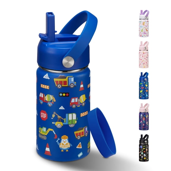 Stainless Steel 12oz Kids Water Bottle with Straw, BPA-Free, Leakproof, Insulated Water Bottle for School, Blue Car Simple Gift for Boy Girl