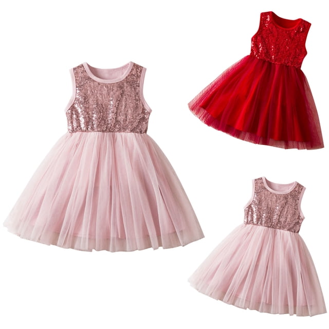 JDQJBZ Robe de Fête d'Anniversaire pour Tout-Petites Filles Couleur Unie Paillettes en Maille Sans Manches Col Rond Robe Tutu