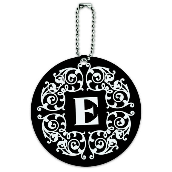 Letter E Initial Black White Scrolls Round Luggage ID Tag Card for Suitcase or Carry-On