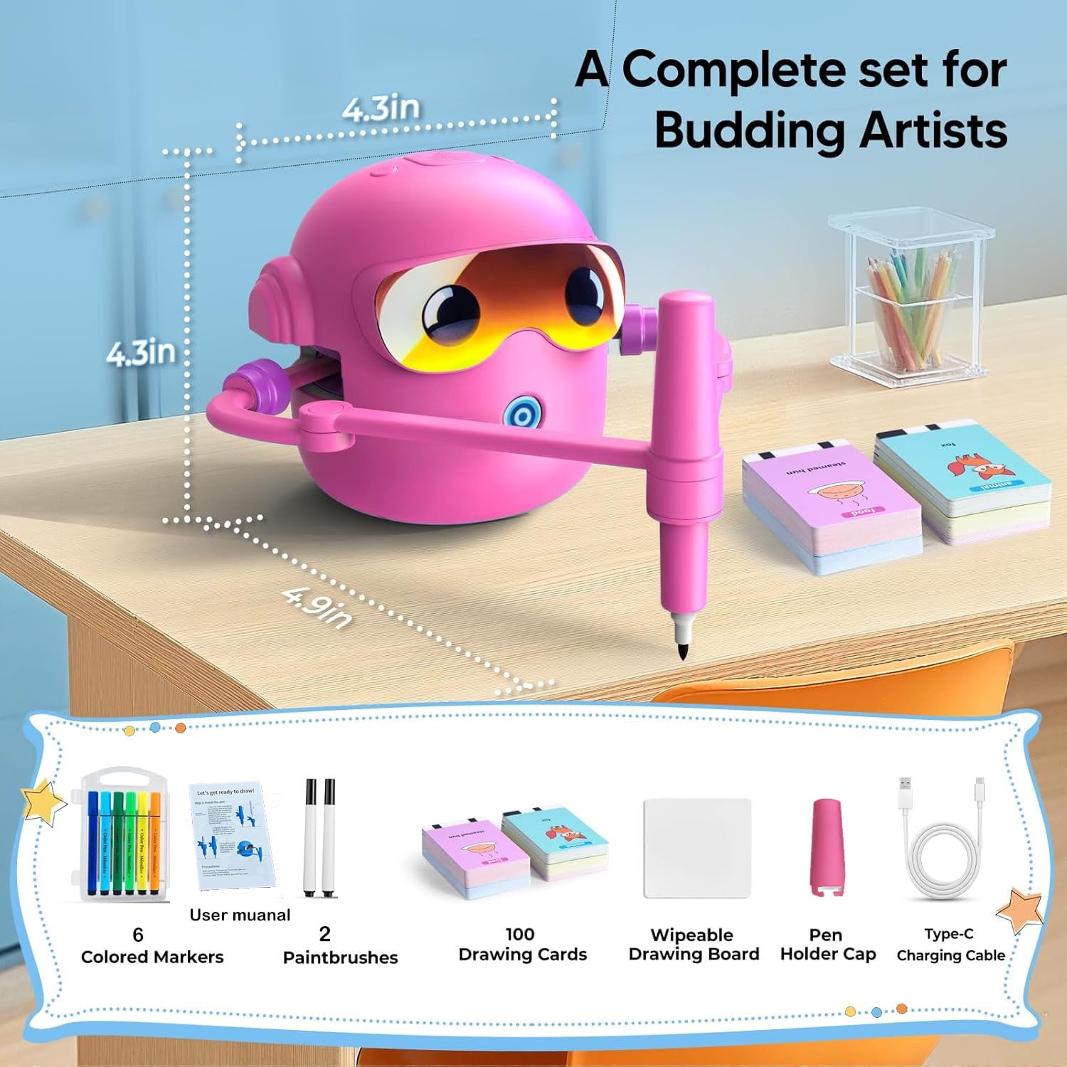 Drawing Robot for Kids, with 100 Word Cards, Voice Interactive Educational Drawing Machine, Montessori Painting Learning Toys for 3-8 Year Old Boys Girls Birthday Party,Pink