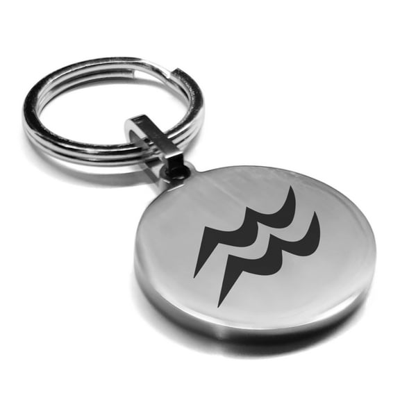 Stainless Steel Aquarius Zodiac Sign (Water Bearer) Round Medallion Keychain Circle Ring