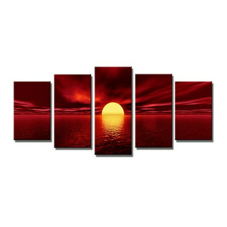 Meigar Sunrise Red Sun Modern 5 Piece Framed Wrapped Landscape Giclee Canvas Prints Artwork Ocean Sea Beach Pictures Paintings on Canvas Wall Art for Living Room Bedroom Home Decor,small