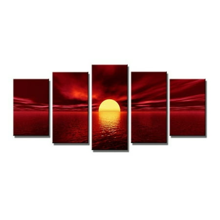 Open Sea Art Meigar Sunrise Red Sun Modern 5 Piece Framed Wrapped Landscape Giclee Canvas Prints Artwork Ocean Sea Beach Pictures Paintings on Canvas Wall Art for Living Room Bedroom Home Decor,small color ()