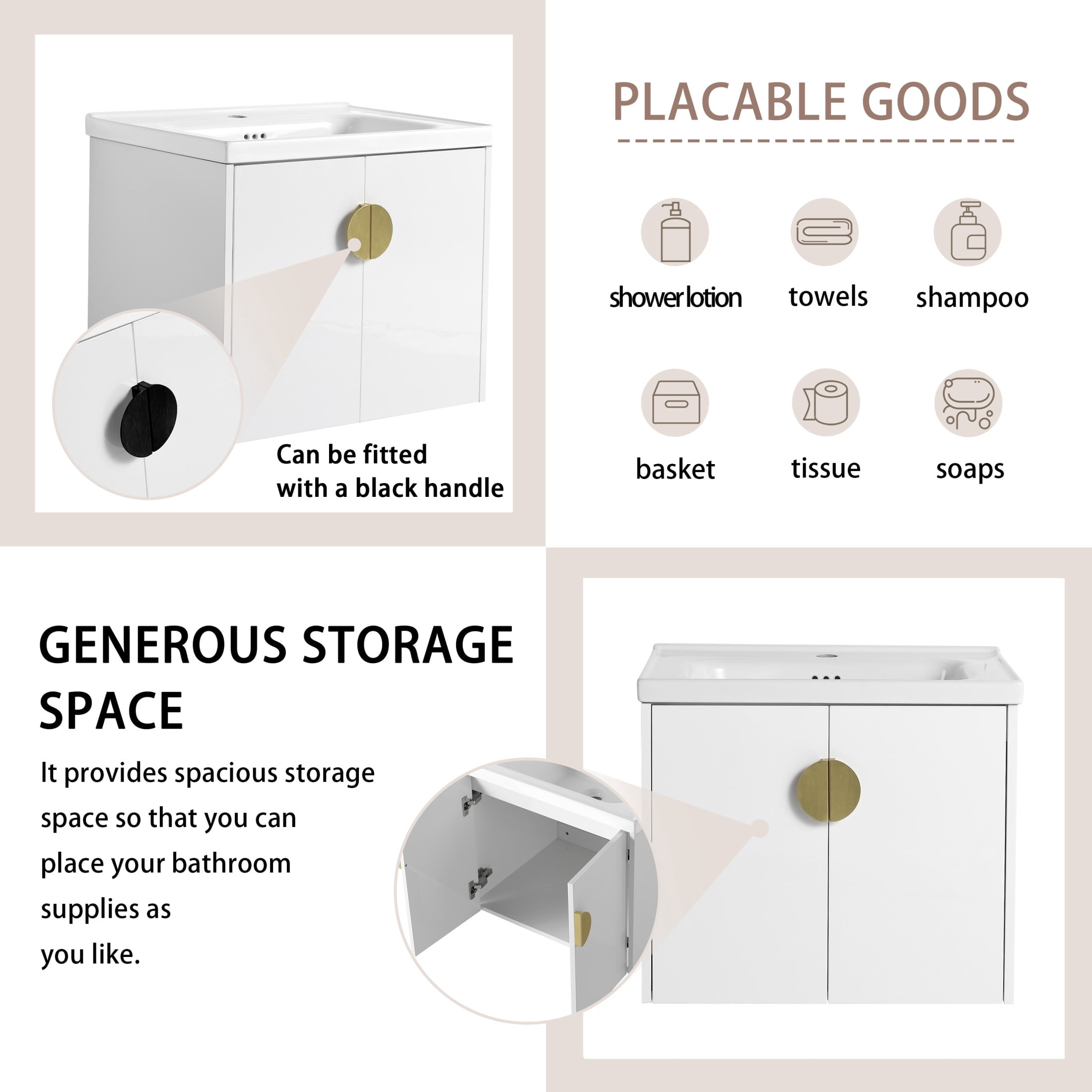 Noble House 24" Wall-Mounted Bathroom Vanity, Soft-Close Doors, Ceramic Sink, Metal Handles, Eco Plywood, Gloss White