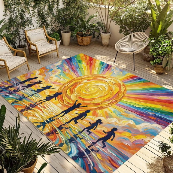 Watercolor Sun Outdoor Rug for Patio/Deck/Porch, Non-Slip Large Area Rug 5 x 7 Ft, Cartoon Summer Colorful Rainbows Waves Indoor Outdoor Rugs Washable Area Rugs, Reversible Camping Rug Carpet Runner
