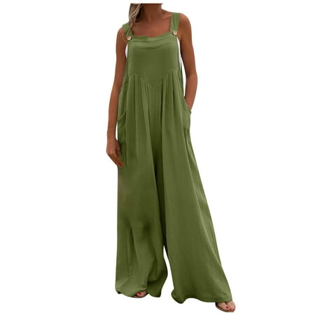 

Summer Flowy Jumpsuits for Women Casual Wide Leg Plus Size Button Suspenders Rompers Solid Color Overalls with Pockets