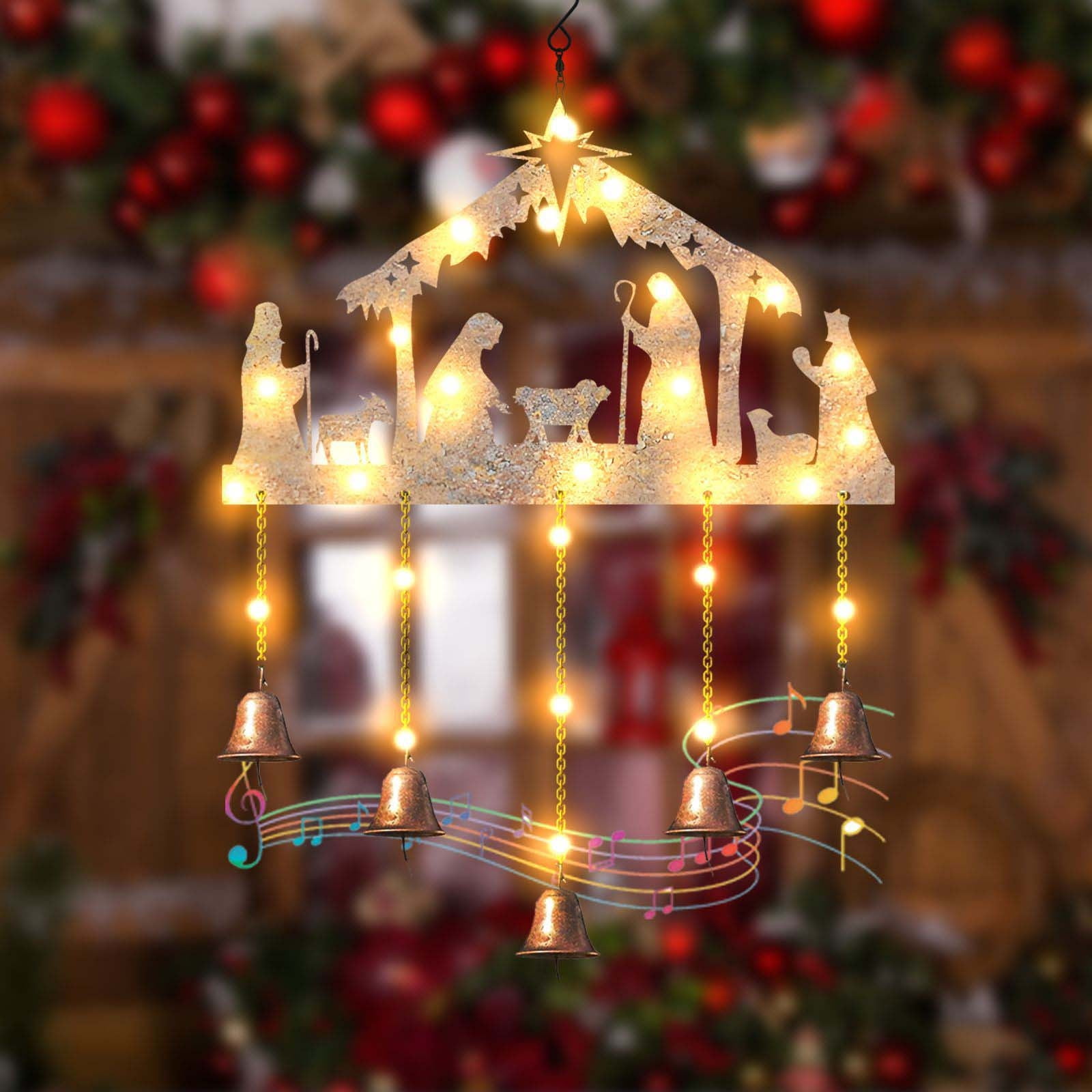 Nativity Theme Iron Wind Chime 11.81x19.69in Indoor Outdoor Hanging Decor Musical Holiday Christmas Garden Patio Decorative Art Piece Anniversary Present
