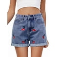 thumbnail image 2 of Womens Mid-High Waisted Cherry Embroidery Denim Jean Shorts Cutoff Stretchy Summer Hot Short Pants Blue S, 2 of 9