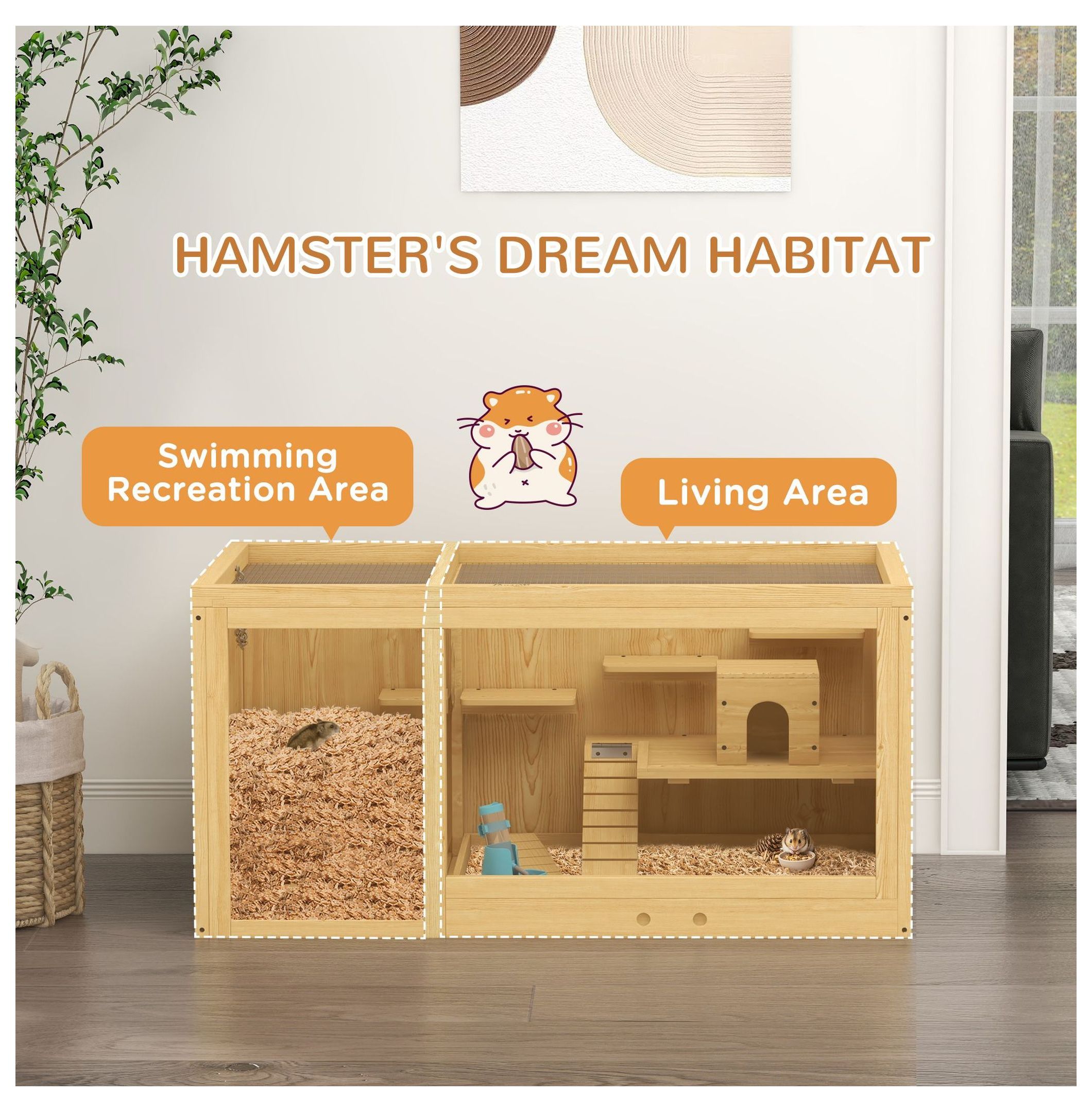 Large Wooden Hamster Cage with Water Dispenser Removable Tray for Gerbils Natural