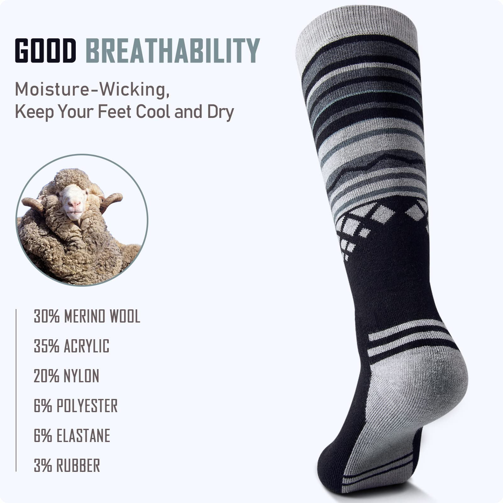 OutdoorMaster Ski Socks 2-Pack Merino Wool, Over The Calf Non-Slip Cuff for Men & Women