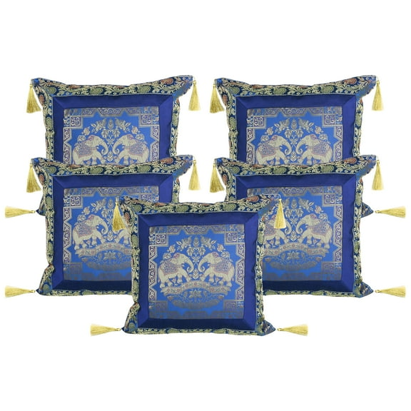 Stylo Culture Ethnic Brocade Decorative Throw Pillow Covers Dark Blue Gold 18 x 18 Jacquard Weave Tassels Couch Cushion Covers 45x45 cm Polydupion Silk Zippered Elephant Square Pillowcases | Set Of 5