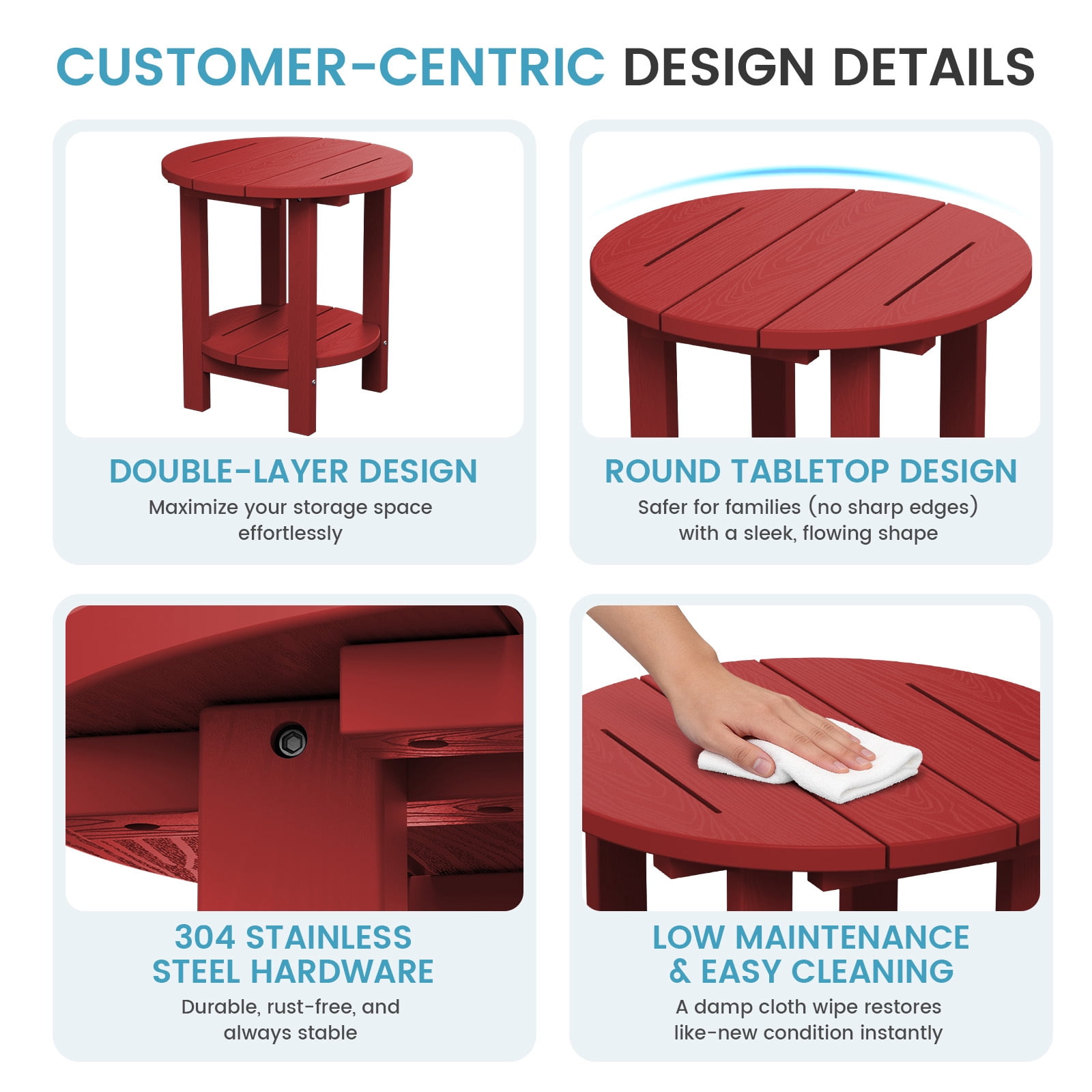 FUNDAZE 2-Tier Round HDPE Patio Side Table, End Tables For Living Room, Waterproof Indoor & Outdoor Small Table for Poolside, Garden, Dark Red