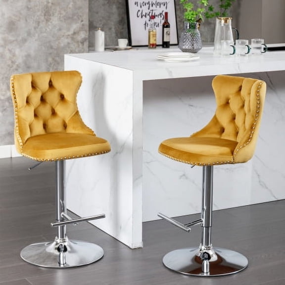 Dtwnek 2 Pack Swivel Adjusatble Height Velvet Barstools with Metal Frame, Upholstered Bar Stools for Bar, Kitchen, Gold