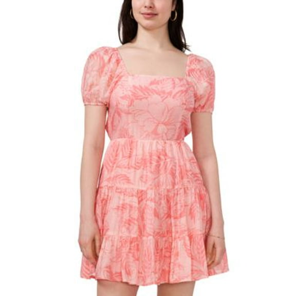 1.STATE Womens Printed Puff-Sleeve Fi Rose Gauze L