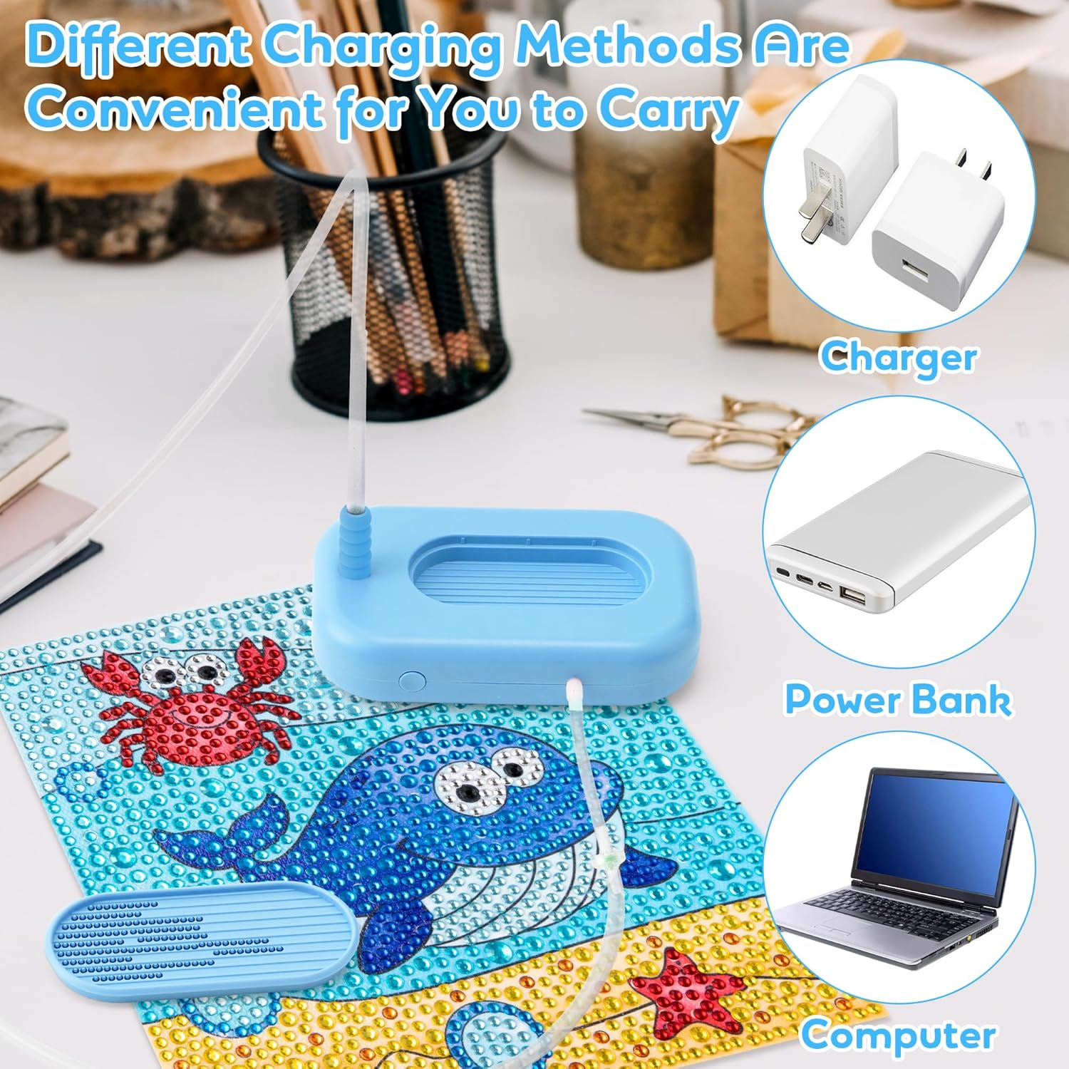 MALLMALL6 Electric Diamond Art Pens Tools Usb Powered Diamond Suction Device For Craft，Not Included Batterys and Plug,Blue