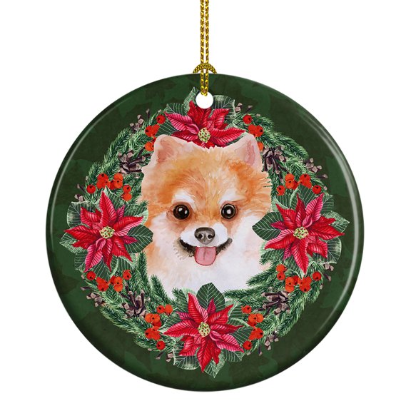 Pomeranian #2 Poinsetta Wreath Ceramic Ornament 2.8 in x 2.8 in