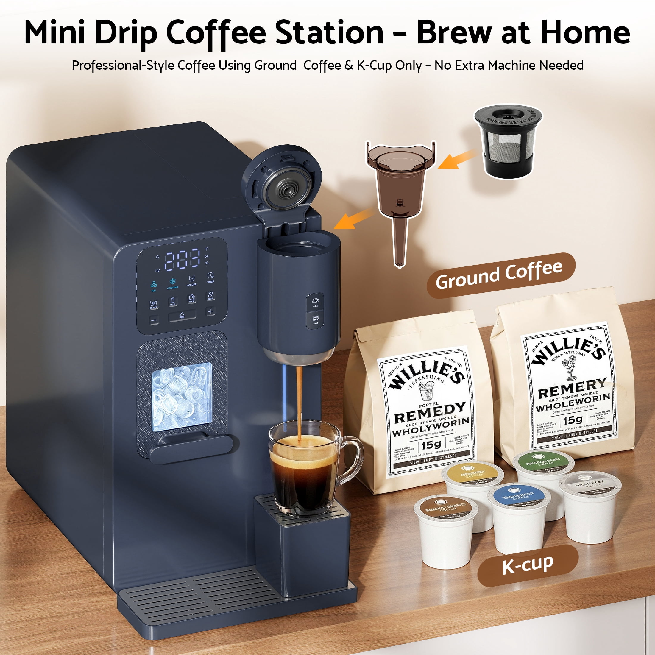 Flamemore 3-in-1 Countertop Water Dispenser with Ice Maker, Drip Coffee Maker, Hot/Cold Water & Bullet Ice, Self-Cleaning, UV Sterilization