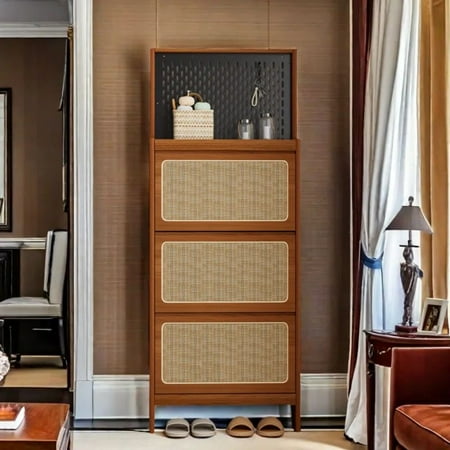 HQZX Retro Rattan Shoe Cabinet, Entrance Hallway Freestanding, 65 in, 3 Flip Drawers