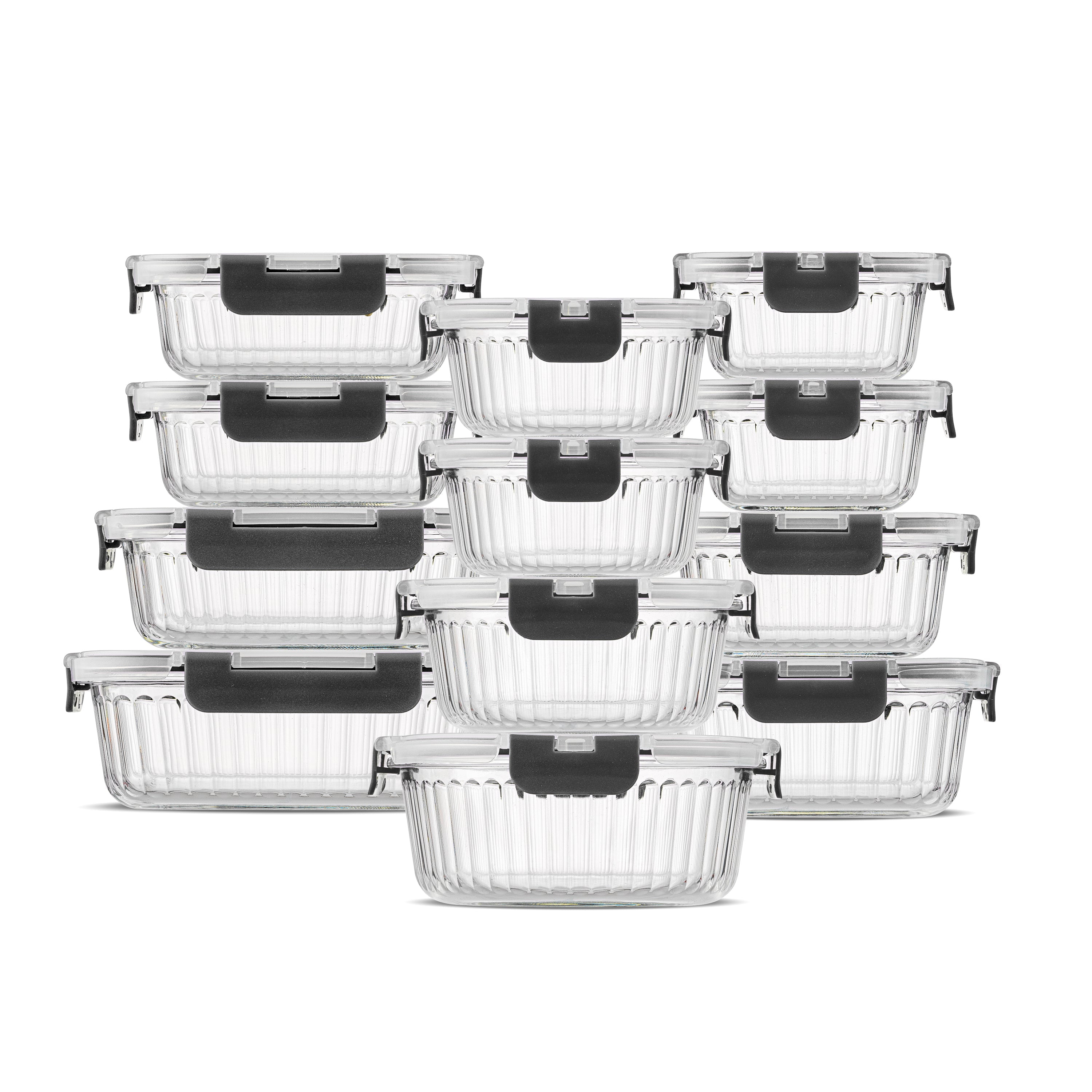 JoyJolt 24-Piece Fluted Food Storage Container Set with Lids - Black