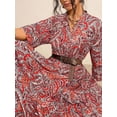 thumbnail image 7 of Coral Orange Paisley Print V-Neck Long Sleeve Maxi Dress With Belted Waist And Relaxed Fit For Women, 7 of 7
