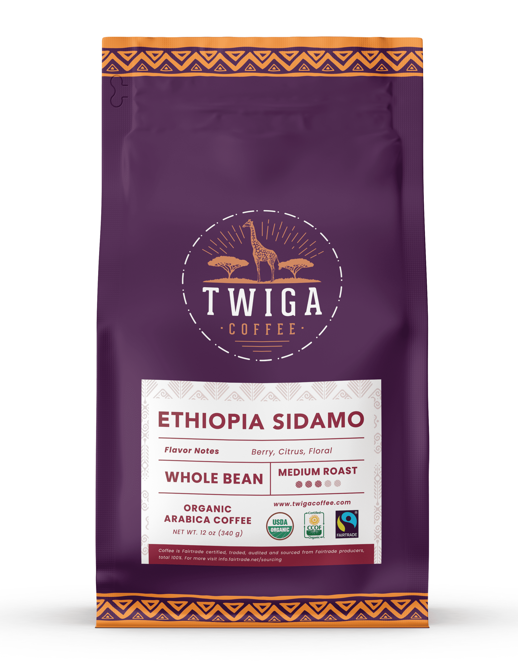Ethiopia Sidamo Coffee | USDA Organic | Fairtrade | Medium Roast | Whole Bean | 12 oz | Twiga Coffee