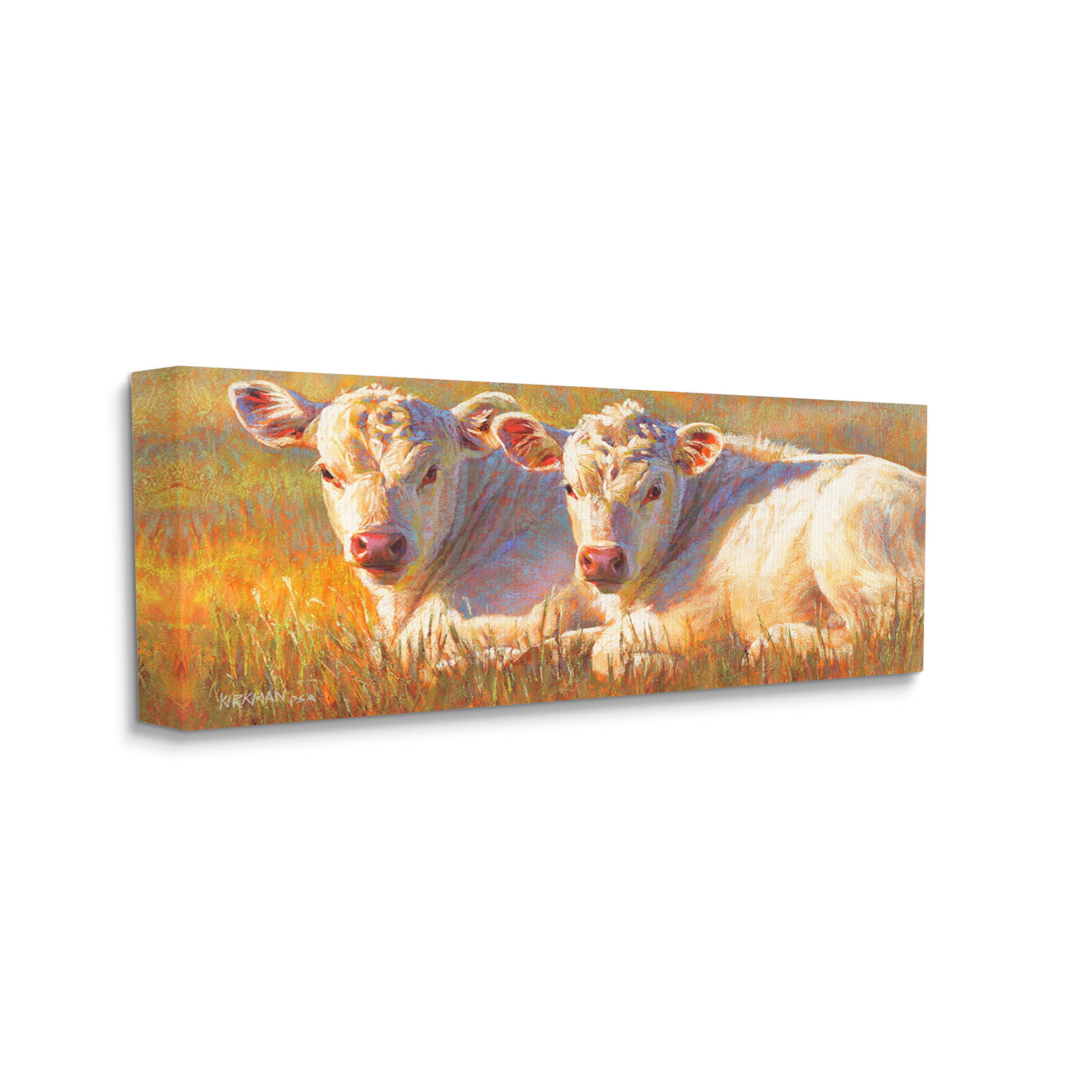 White Cows Resting Grassland Animals & Insects Painting Gallery Wrapped Canvas Print Wall Art