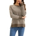 thumbnail image 2 of Suéter de punto a rayas para mujer ATHLECHIC, cuello redondo, holgado, con aberturas laterales, parte superior de otoño, atuendos casuales, XL color café-blanco, 2 of 5