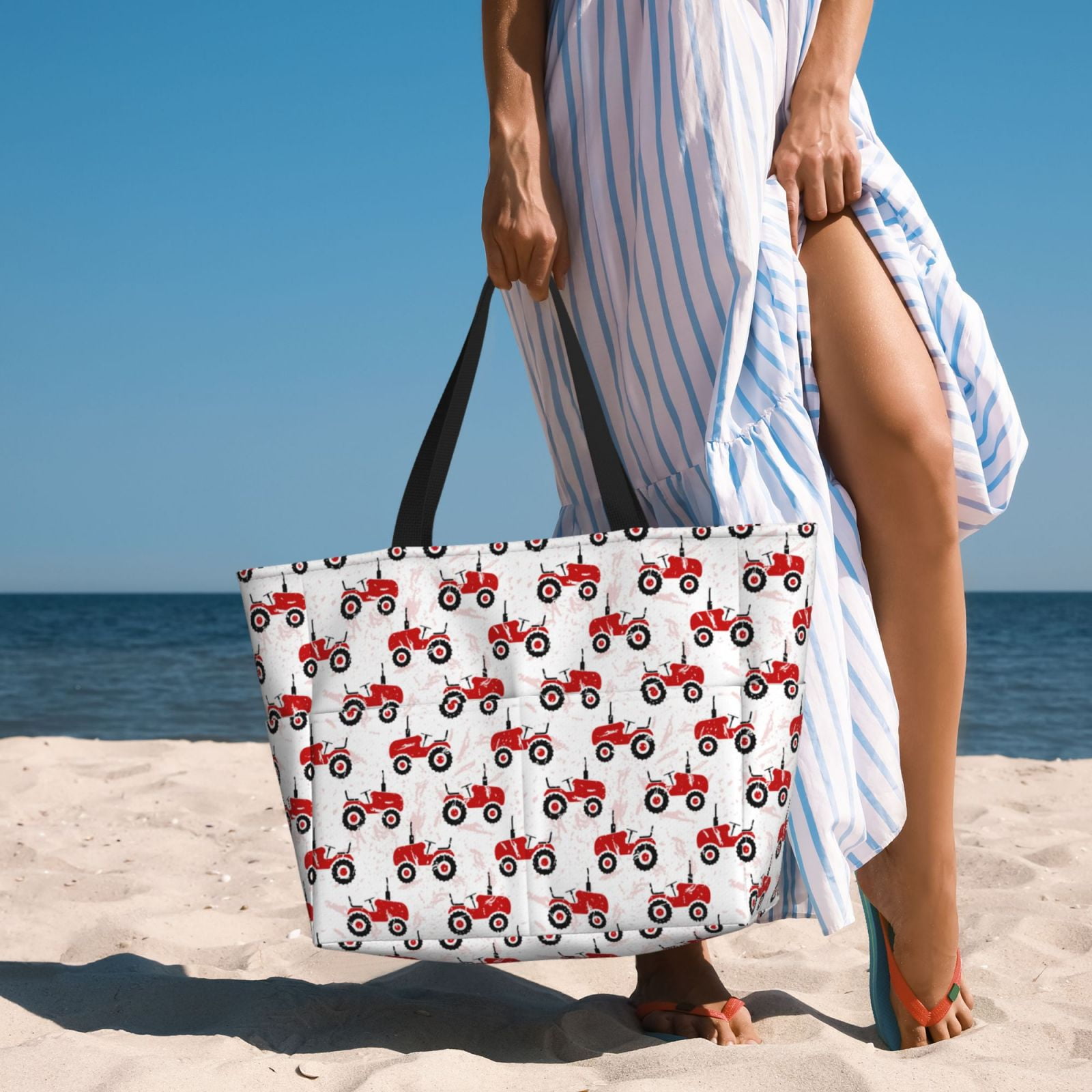 Kuqiui Red Wheeled Tractors Print Beach Pool Bags Tote for Women Ladies Large Gym Tote Carry On Bag for Weekender Travel Waterproof