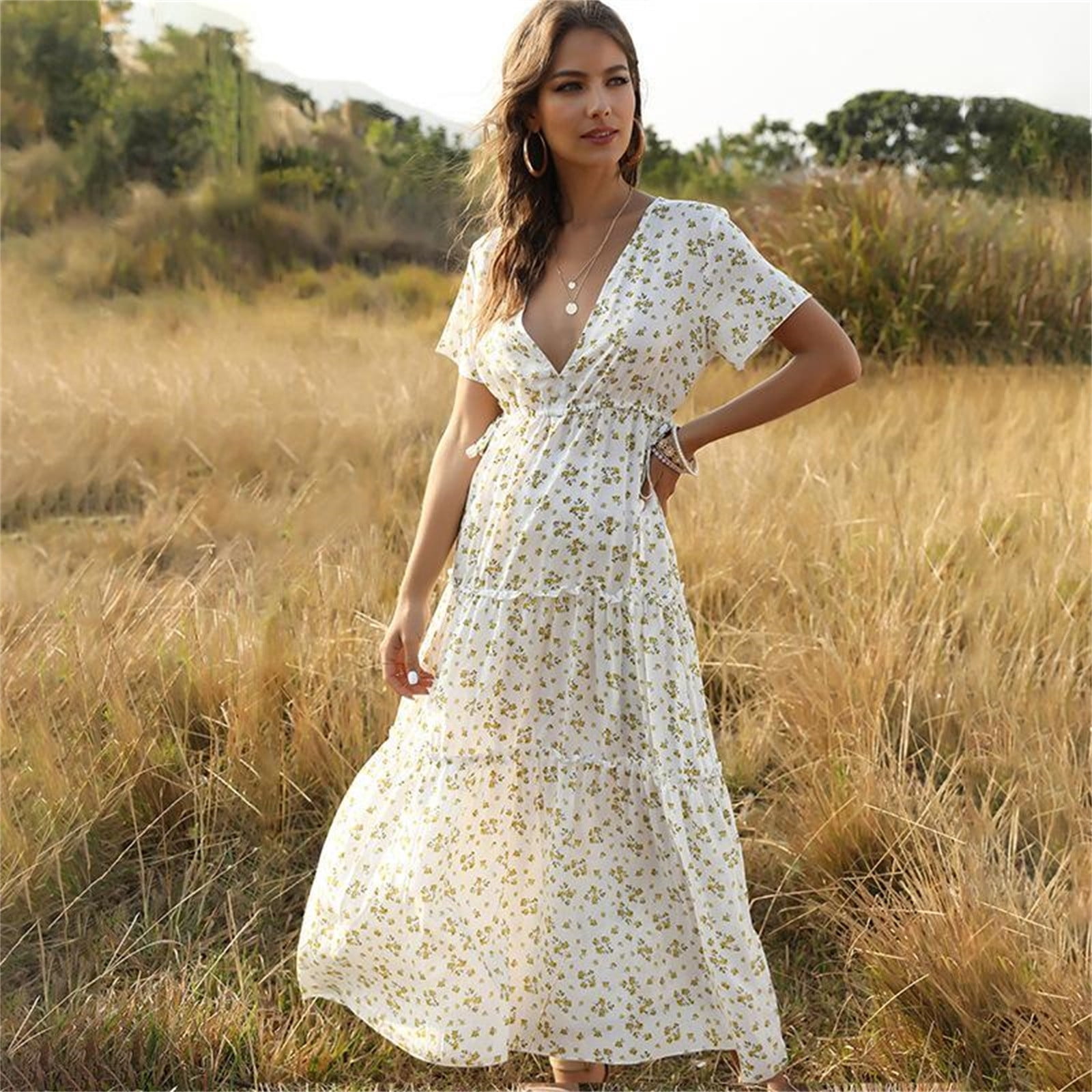 Women Flower Print Ankle-Length Dress 