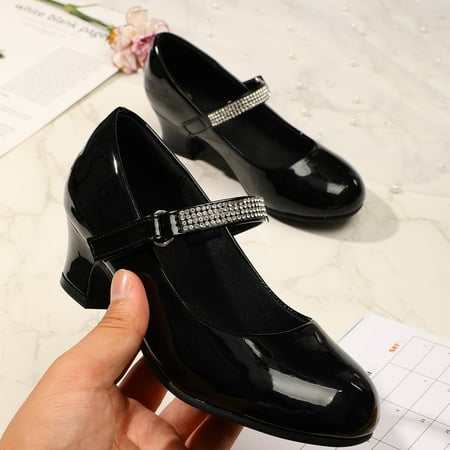 

Kushyshoo Girl Mary Jane Shoes Low Heel Rhinestones Princess Flats Black Dress Pump Shoes for Little Kid Size 12