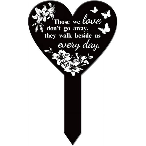 Heart Shaped Lily Garden Stake Memorial Remembrance Plaque Stake for Cemetery Acrylic Waterproof Sympathy Garden Stakes for Yard Grave Cemetery Black