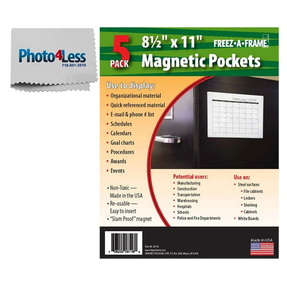 Exclusive Package! Pack of 5 Freez A Frame Clear Magnetic Pockets (8.5 x 11)   Photo4less Cleaning Cloth!