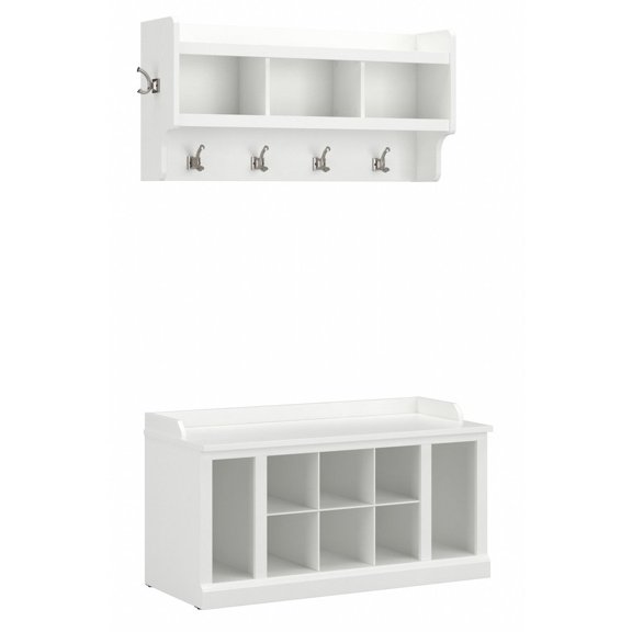 Woodland 40W Shoe Bench w/ Shelves and Coat Rack in White Ash - Engineered Wood