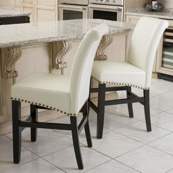 Miekor Furniture Contemporary Leather Counter Stools,Ivory Dining Chairs With Nail-Head Decoration (Set Of 2),25 Inches Upholstered Dining Chairs Suitable For Kitchen/Bedroom/Dining Room. 61711