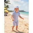 thumbnail image 6 of BemeyourBBs Toddler Baby Girl Boy Striped Swimsuit with Hat Set 2 Pcs Infant Bathing Suit Zip Up Ruffled Trim Short Sleeve One Piece Swimwear Summer Beachwear UPF 50+ Rash Guard, 6 of 9