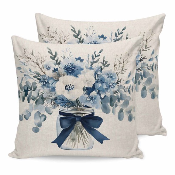 24x24 Pillow Covers Set of 2, Blue Spring Floral Square Throw Pillow Covers for Couch/Sofa/Living Room, Watercolor Summer Flowers Vintage Decorative Soft Pillowcases for Couch Throw Pillows